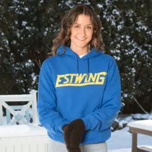 Estwing blue hooded sweatshirt model showing logo on chest