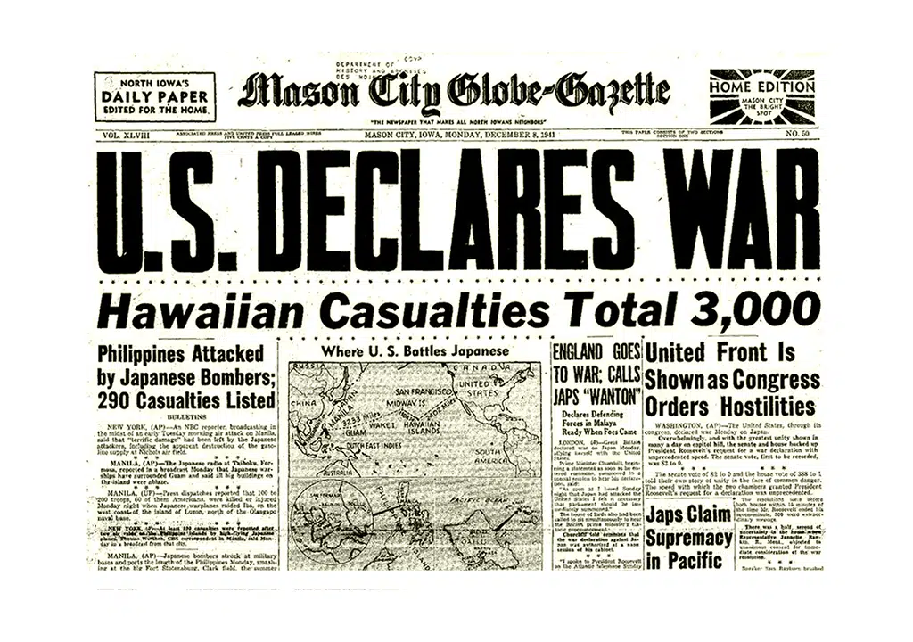 Newspaper clipping of U.S. WWII declaration