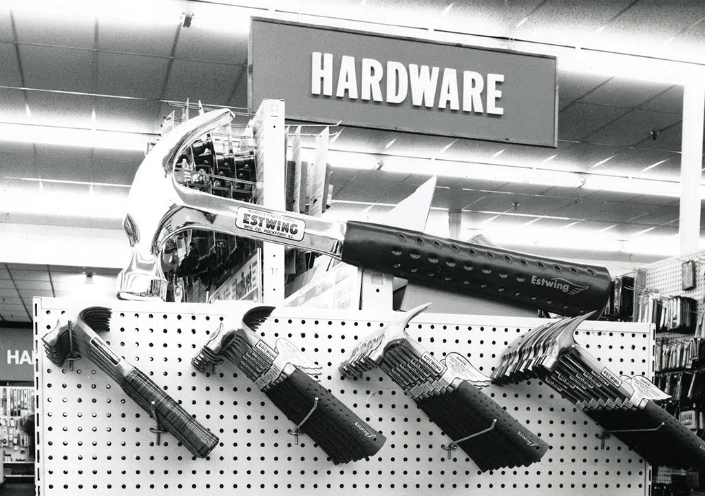 Hardware store display of Estwing hammers