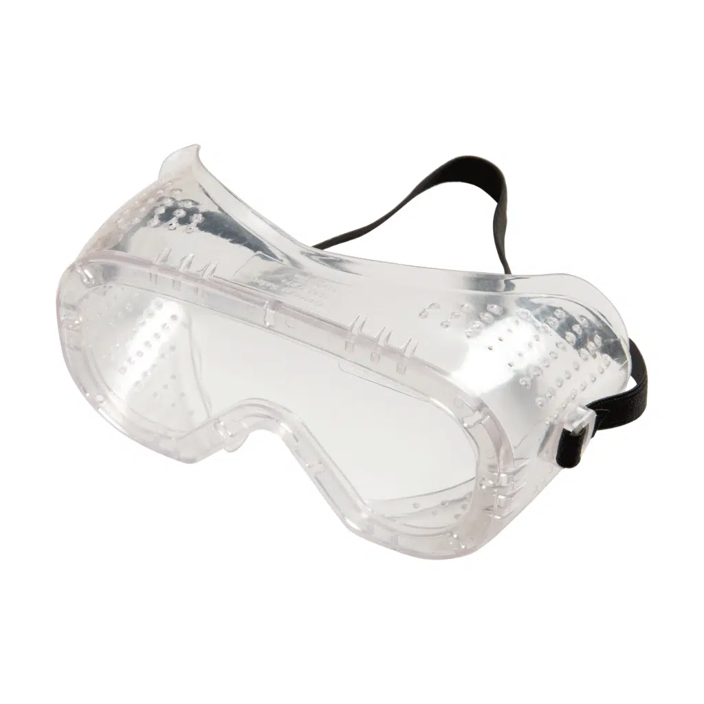 Clear vinyl safety goggles with black strap