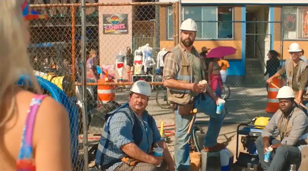 Construction workers with Estwing tools in funny scene from Barbie movie