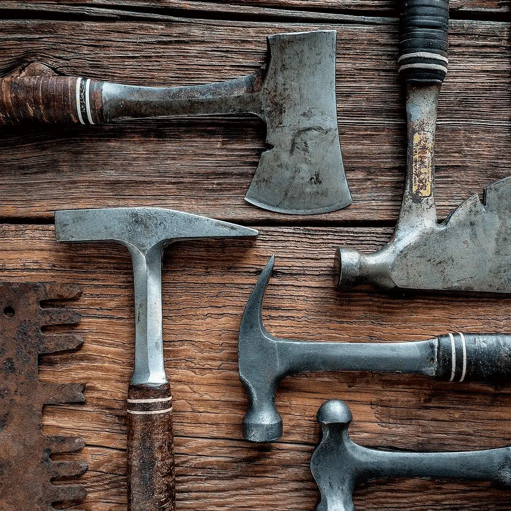Collection of used Estwing tools on wood vintage wood background.